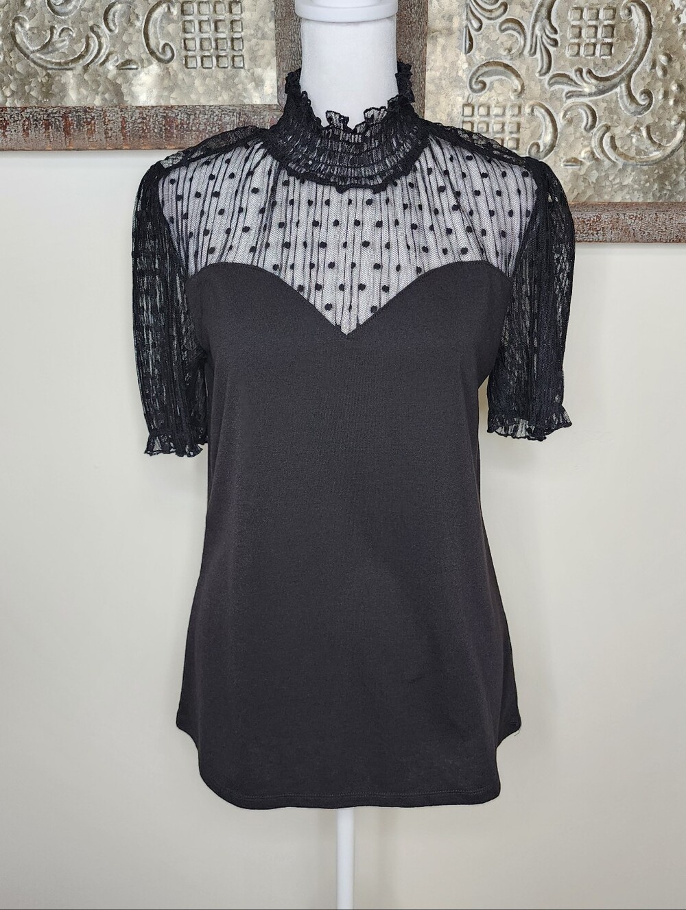Luna Rae Black SheerPolka Dot Lace Yoke Short Sleeve Whimsigoth Top Sm Romantic